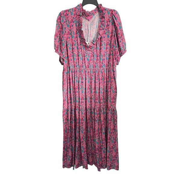 Simply Southern XXL Pink & Teal Paisley Print Dress 100% Rayon Ruffle Neck Short - Picture 1 of 12